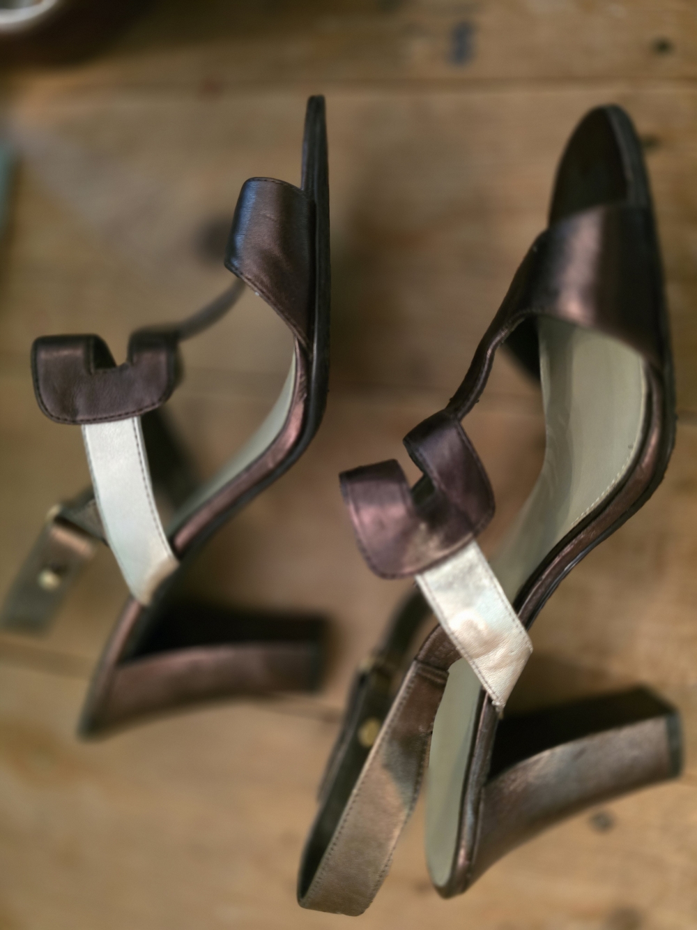 Metallic Brown and Silver Strappy Block Heel Sandals